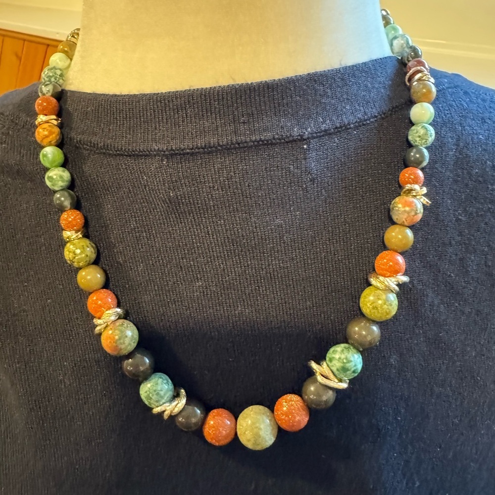 Multicolor Beaded Statement Necklace Bracelet Set Earthy Natural Tones